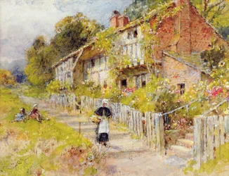 Reihe von Cottages mit einer Figur und spielenden Kindern